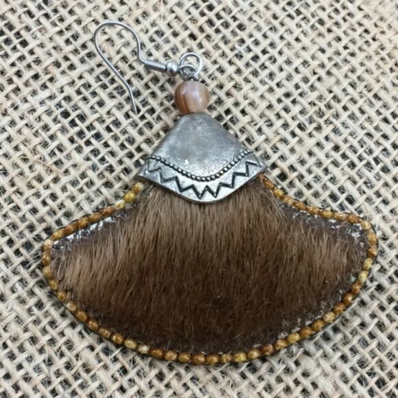 Beaded Metal Handmade Boho Dangle Earrings Festival Style Faux Real Leather Fur - Picture 3 of 16